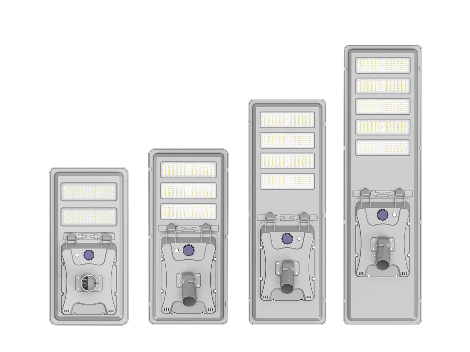 LF-YT01 all-in-one solar street light series in 100W, 150W, 200W and 250W, shown side by side