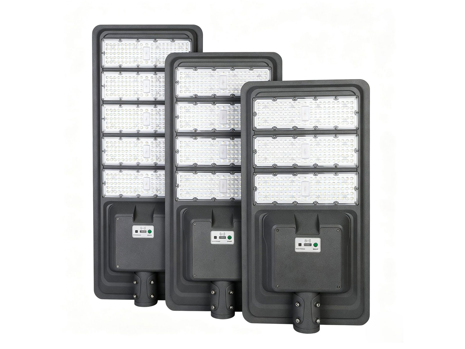 LF-YT02 all-in-one solar street light, three models shown from the front