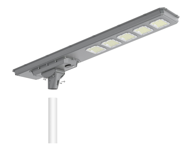 LF-YT03A solar street light, three-quarter view of the housing and pole adapter
