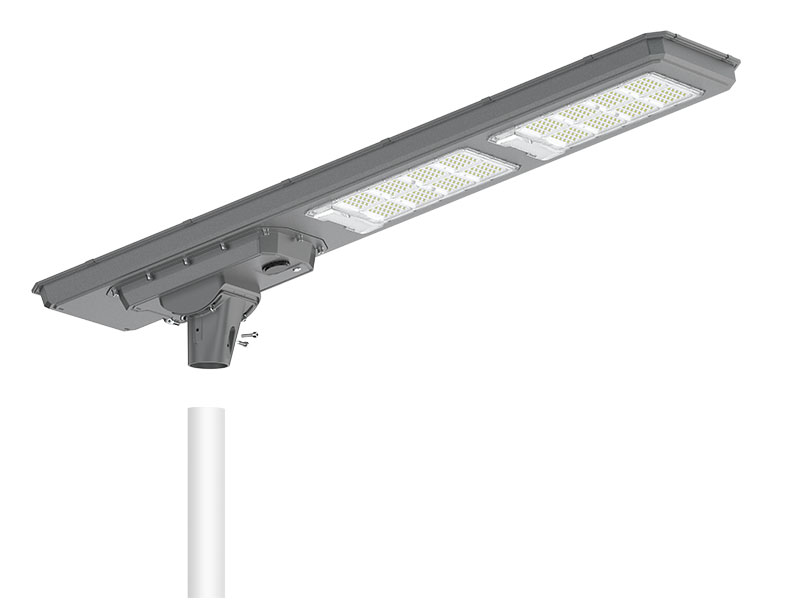 LF-YT03B solar street light, three-quarter view of the housing and pole adapter