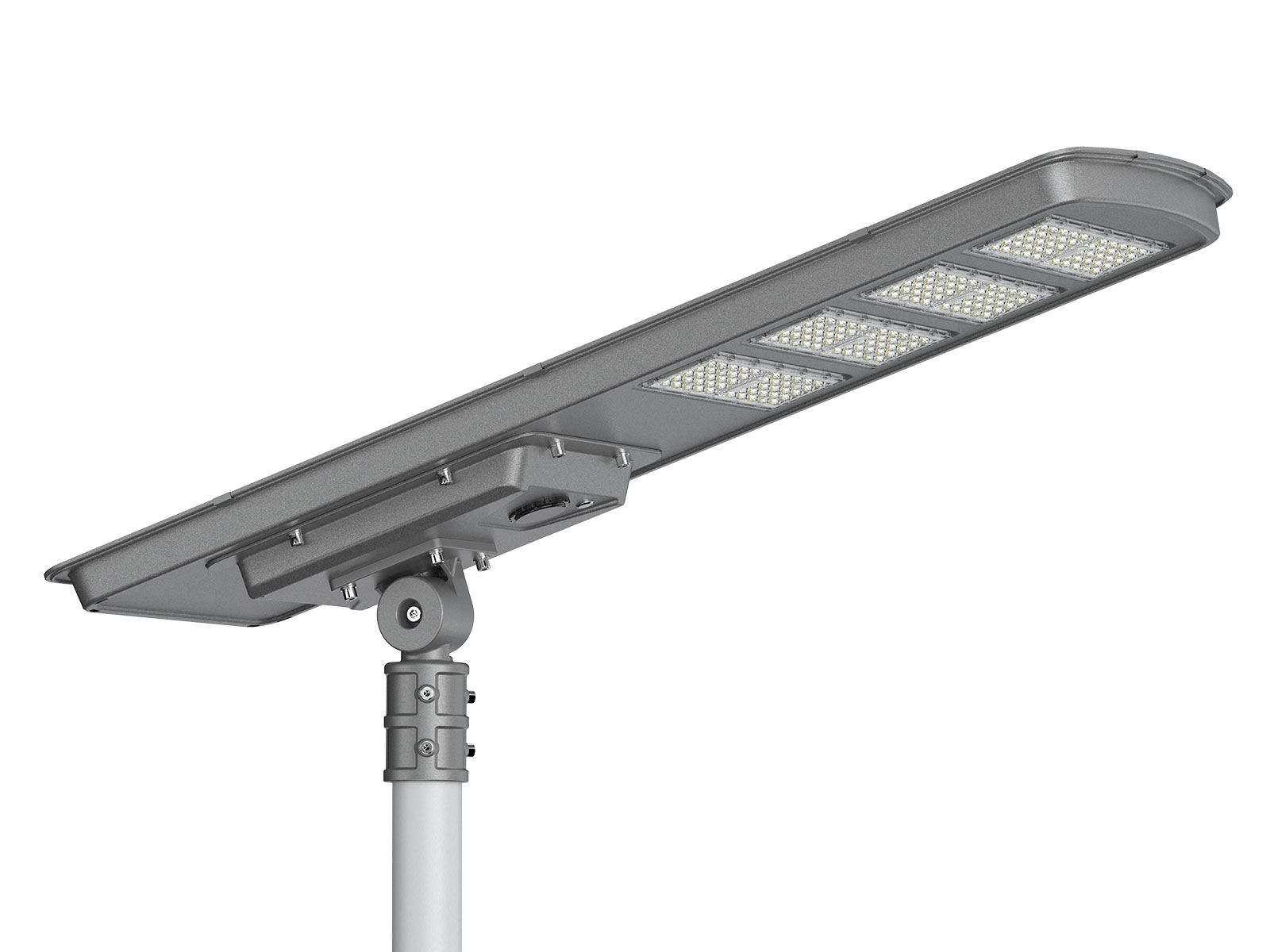 LF-YT04 solar street light, three-quarter view of the housing and pole adapter
